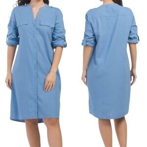 New Calvin Klein Women's Linen Blend Roll‎ Tab Mini Day Shirt Dress Blue Size 12